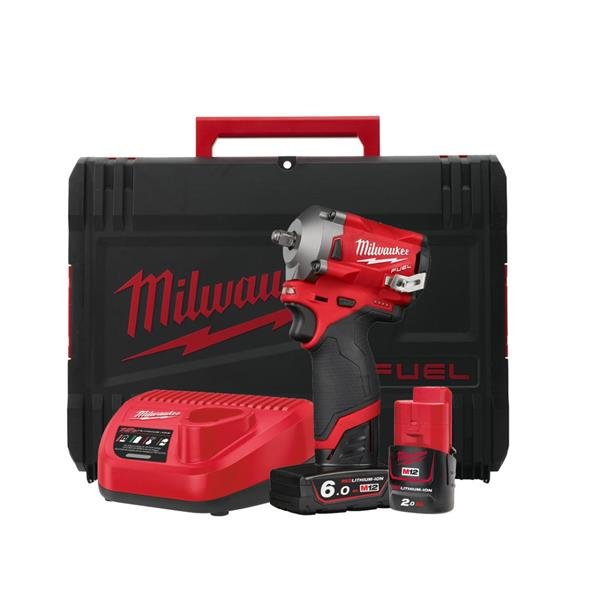 Milwaukee M12 FUEL 3/8" Stubby Impact Wrench with 2.0Ah & 6.0Ah Batteries