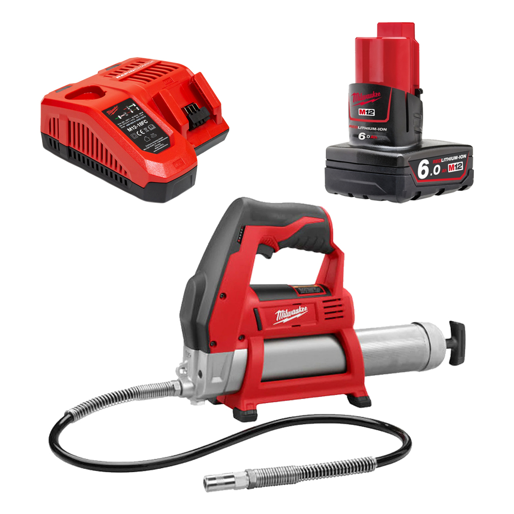 Milwaukee 12V Grease Gun Bare Unit with 6.0Ah Lithium-Ion Battery and Rapid Charger