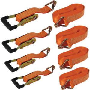 5 Tonne 8M x 50MM Heavy Duty Ratchet Tie Down Straps with Hooks (4 Pack)